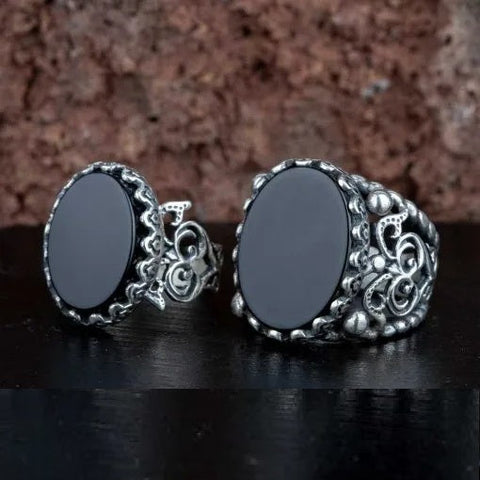 Black Aqeeq Flat Handcraft Women & Men Couple Rings Set