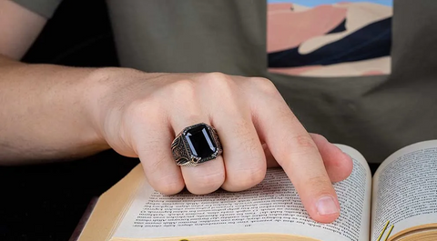 Black Zircon Octagon Cut Silver Men Ring