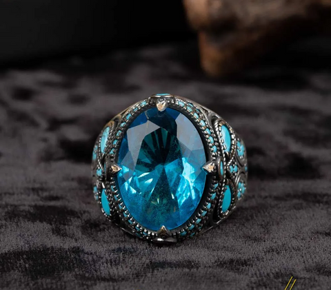 Blue Zircon Men Ring With Turquoise Stones