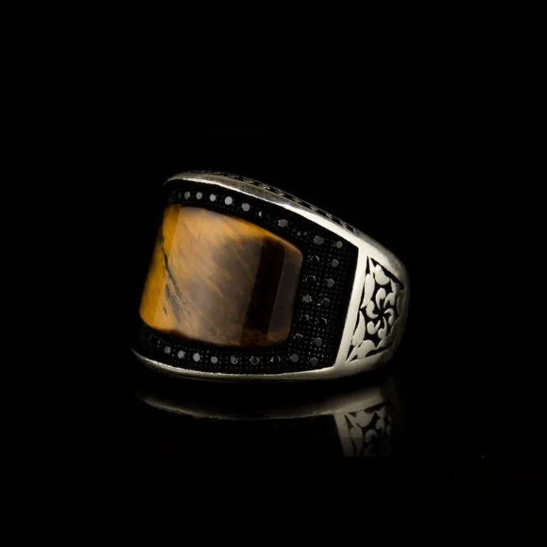 Curved Tiger Eye Silver Ring