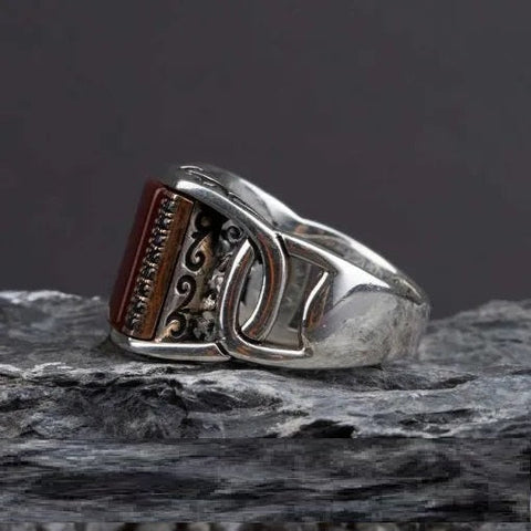 Exclusive Rectangle Red Aqeeq Men Ring