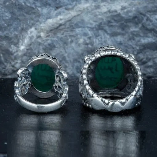 Green Aqeeq Seal of Prophet Muhammad Women & Men Couple Rings Set ...