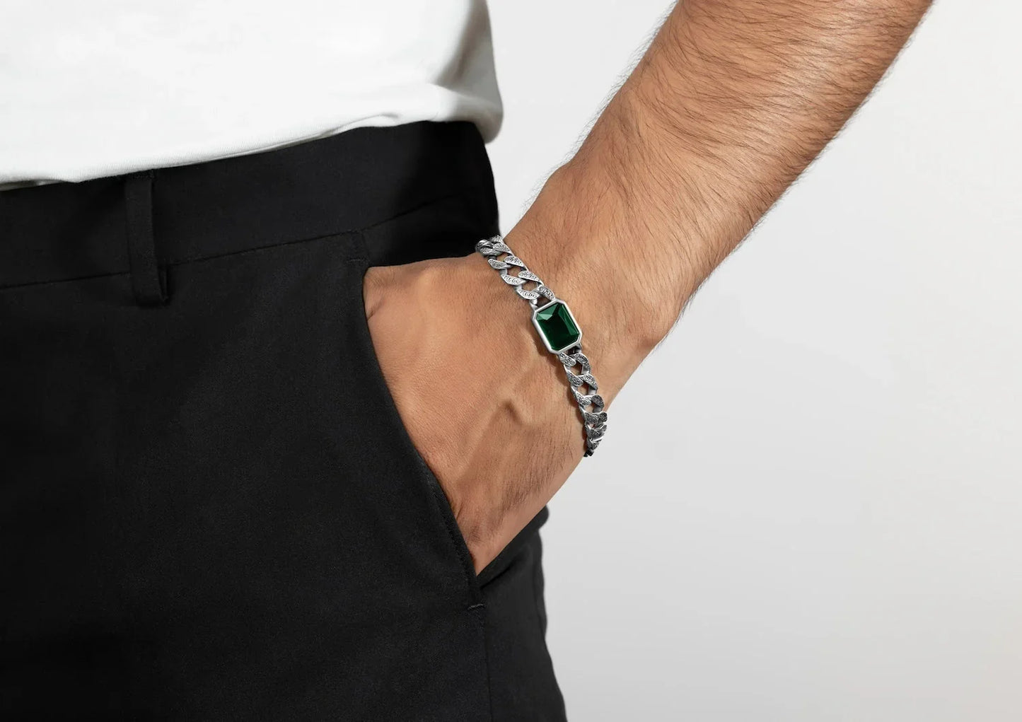 Green Stone Cuban Men Bracelet