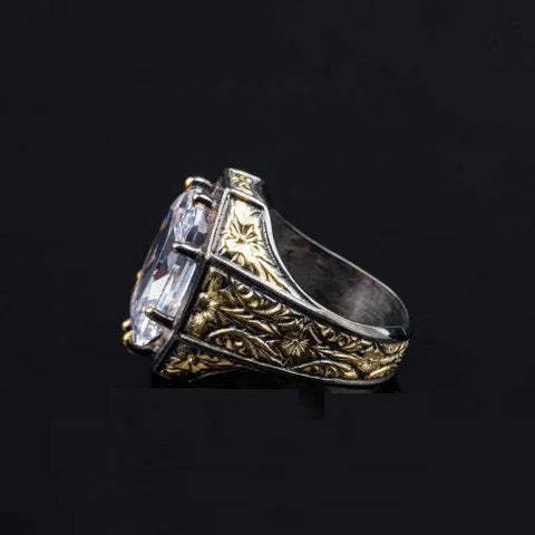 Masterpiece Collection White Zircon Gold Plated Oxidized Silver Ring