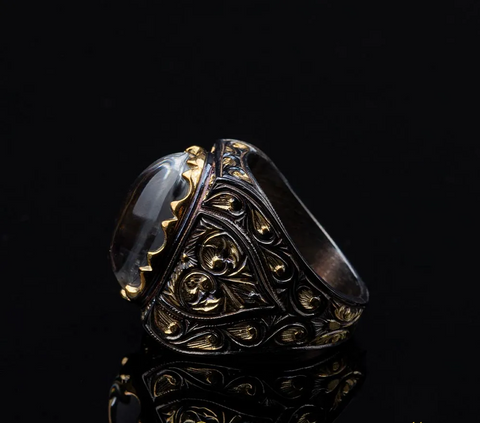 Masterpiece Collection Dur Al Najaf Rectangle Gold Plated Oxidized Ring