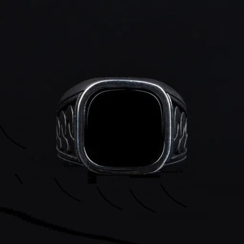 Square Black Onyx Chain Pattern Silver Ring