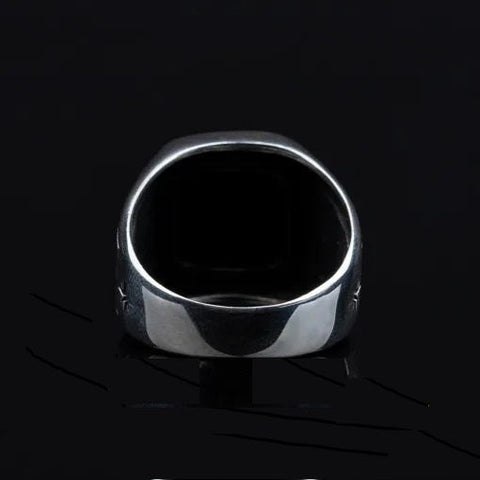 Square Black Onyx Chain Pattern Silver Ring