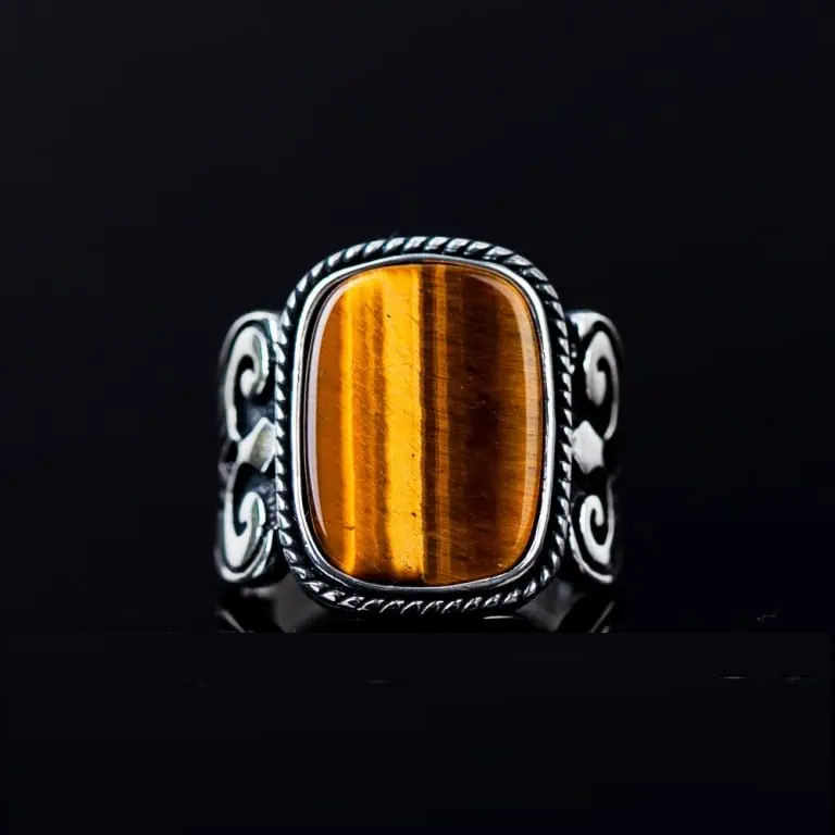 Brown Tiger Eye Rectangle Spear Silver Ring