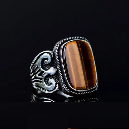 Brown Tiger Eye Rectangle Spear Silver Ring
