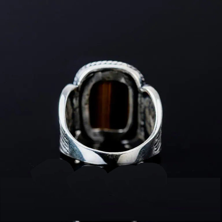 Brown Tiger Eye Rectangle Spear Silver Ring