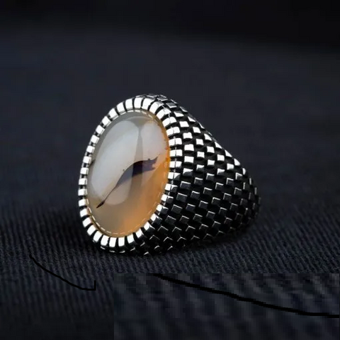 Oval Red Yemeni Aqeeq Grid Pattern Silver Ring