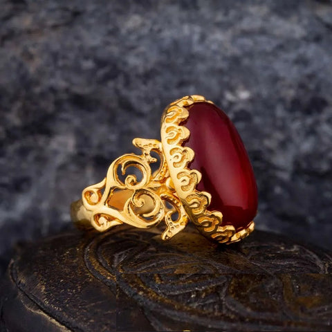 Red Yemeni Aqeeq D Shape Handcraft Women Ring