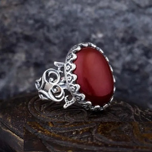 Red Yemeni Aqeeq D Shape Handcraft Women Ring