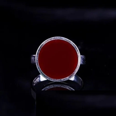 Red Aqeeq Silver Plain Band Women Ring