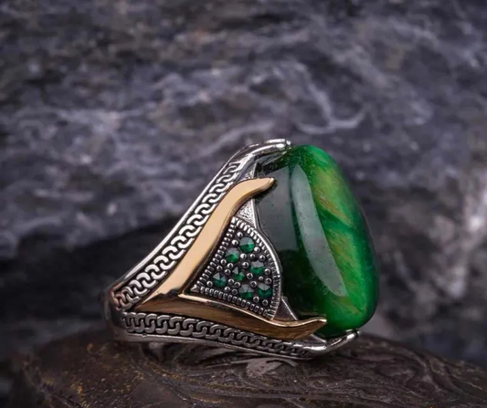 Rectangle Tiger Eye Knitted Silver Men Ring