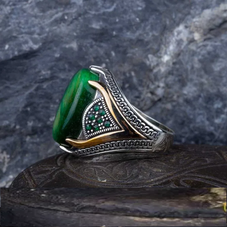 Rectangle Tiger Eye Knitted Silver Men Ring