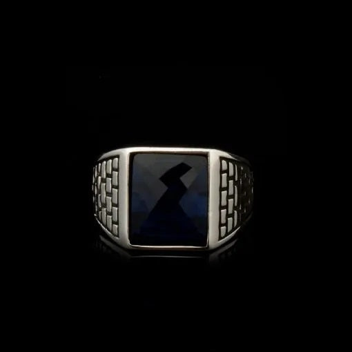 Square Faced Cut Blue Zircon Classic Silver Men Ring