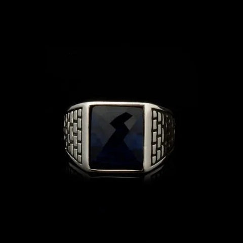 Square Faced Cut Blue Zircon Classic Silver Men Ring
