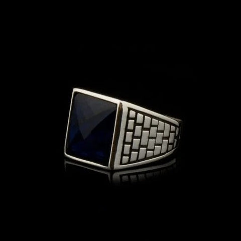 Square Faced Cut Blue Zircon Classic Silver Men Ring