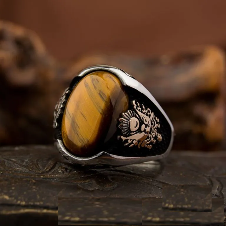 Classy Gentle Tiger Eye Men Ring With Coat of Arms