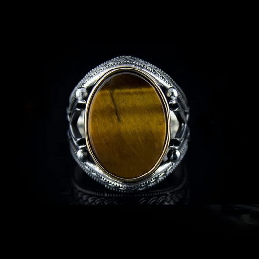 Tiger Eye Silver Ring with Double Swords Figure
