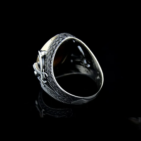 Tiger’s Eye Silver Ring with Double Swords Figure