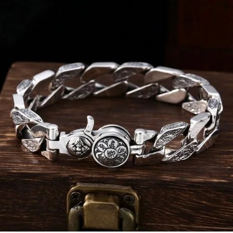 Sterling Silver Rotatable Buddhist Mantra Vajra Curb Chain Bracelet