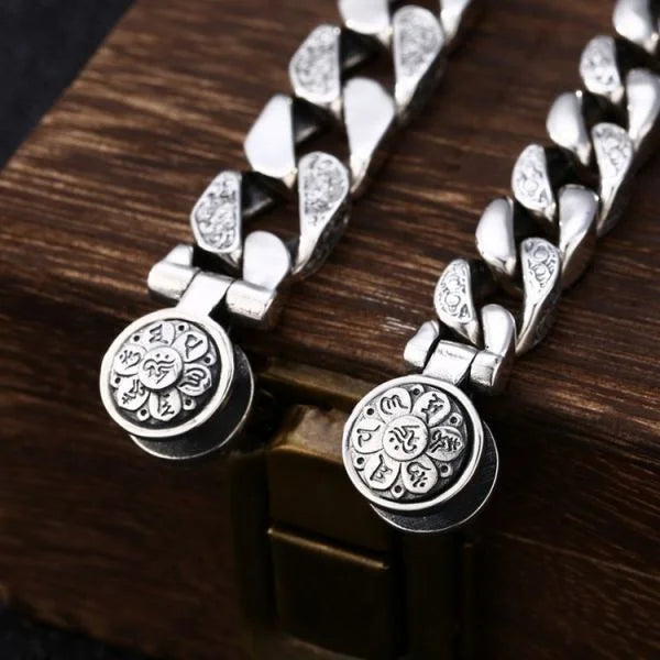 Sterling Silver Rotatable Buddhist Mantra Vajra Curb Chain Bracelet