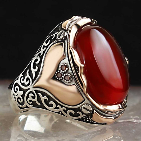 Carnelian Agate Aqeeq Silver Elegant Mens Ring