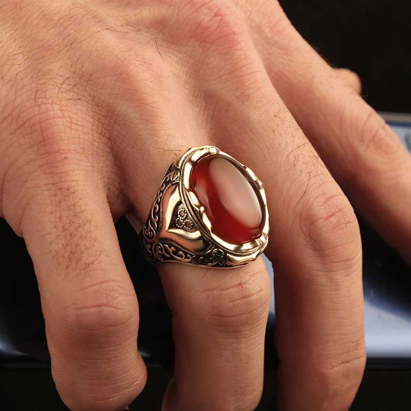 Carnelian Agate Aqeeq Silver Elegant Mens Ring