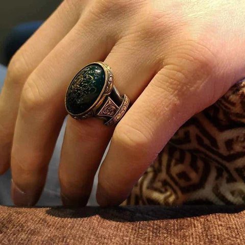 Customizable Hand Engraved Natural Aqeeq 925 Sterling Silver Mens Ring