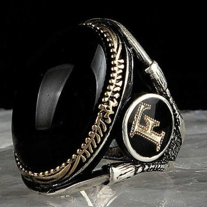 Customizable Letter Silver Onyx Stone Mens Ring