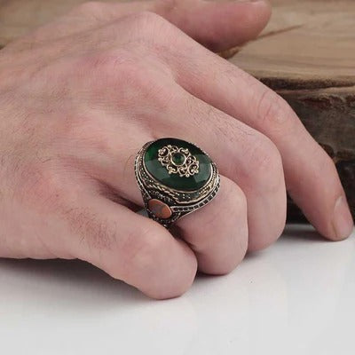 Customizable Special Silver Emerald Stone Heavy Mens Ring