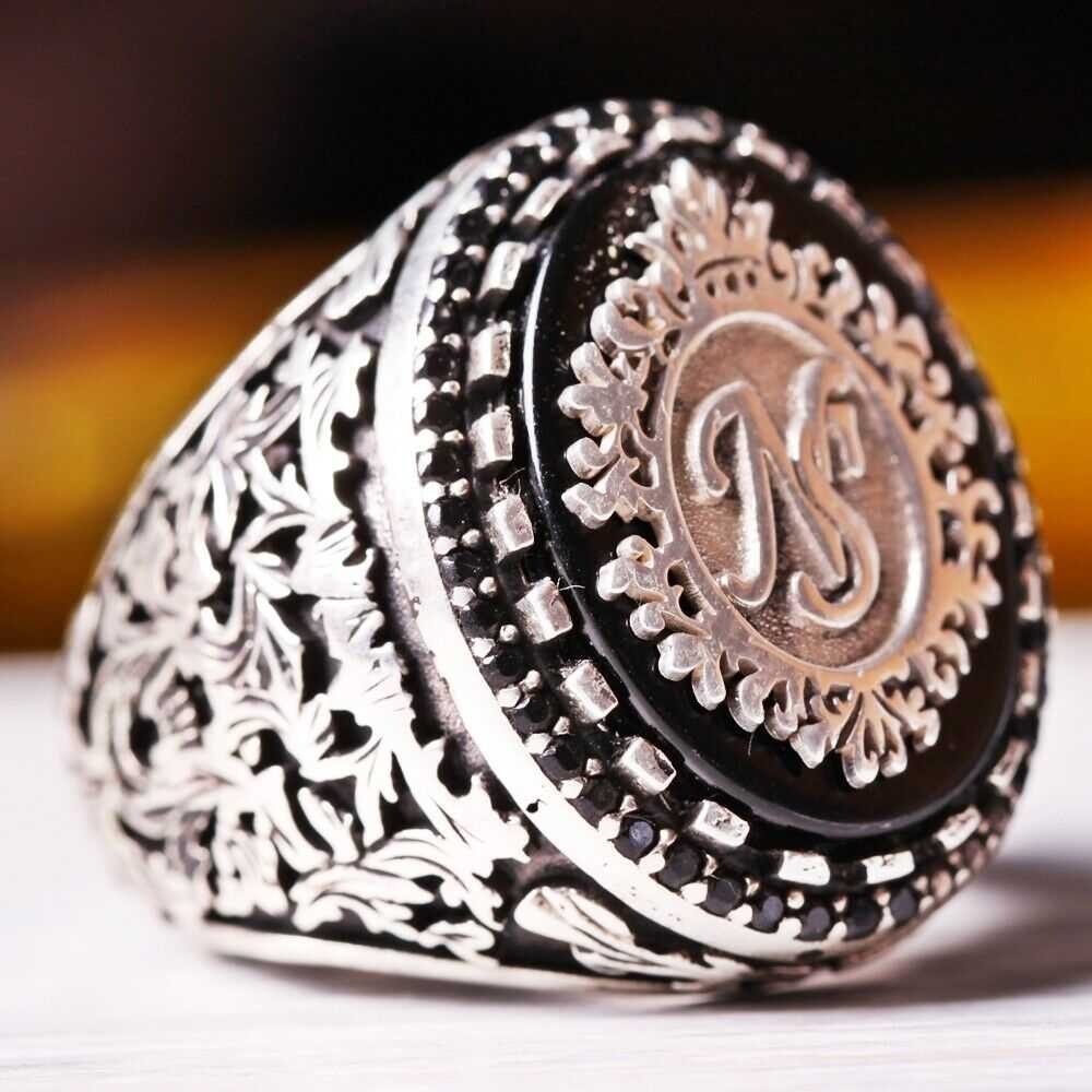 Customizable Special Logo Onyx Stone Silver Mens Ring