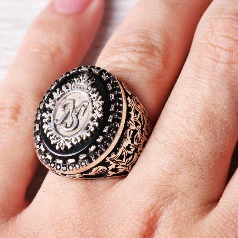 Customizable Special Logo Onyx Stone Silver Mens Ring