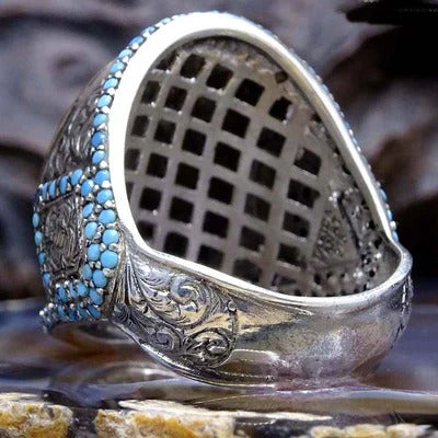 Customizable Turquoise Stone Silver Mens Ring