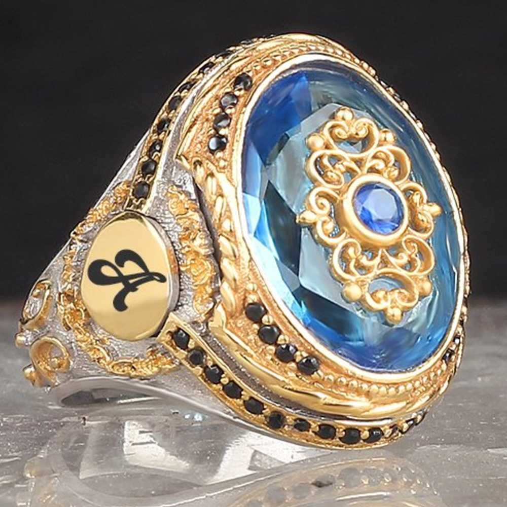 Customizable Two Letter Multi Stones Silver Mens Ring