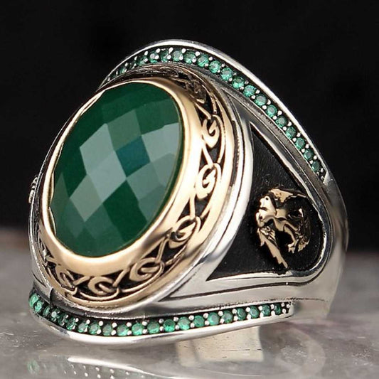 Eagle Style Great Emerald Stone Silver Mens Ring