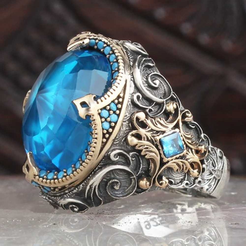 Elegant Dome Silver Aquamarine Stone Mens Ring