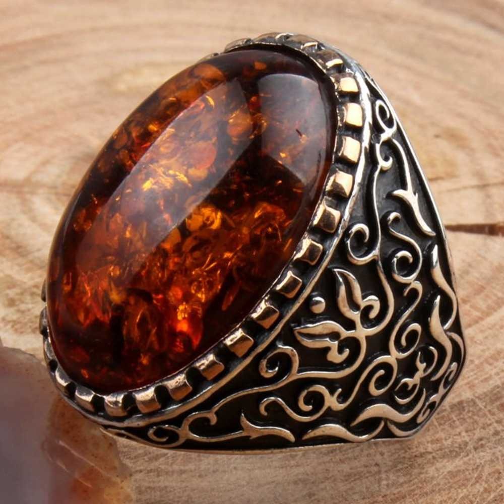 Elegant Orange Amber Stone Silver Mens Ring
