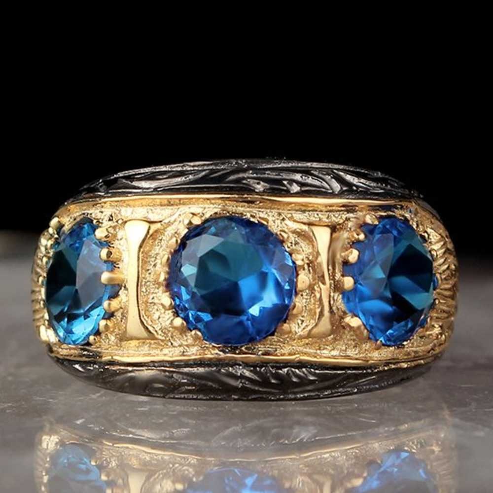 Elegant Three Aquamarine Stone Silver Handmade Mens Ring