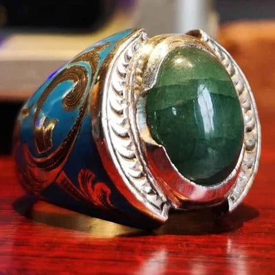 Engraving Relief Art Silver Emerald Stone Mens Ring