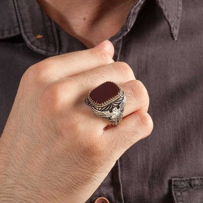 Exclusive Silver Eagle Style Agate Stone Mens Ring