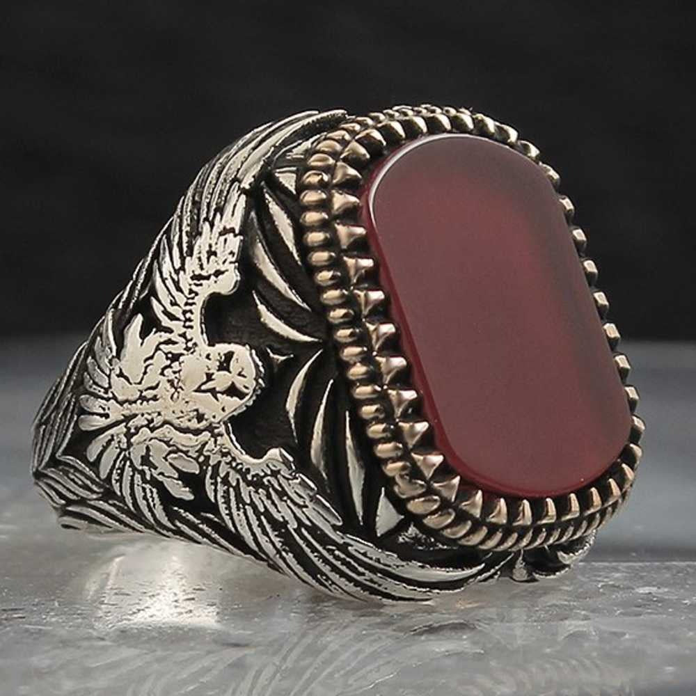 Exclusive Silver Eagle Style Agate Stone Mens Ring