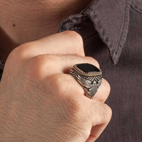 Exclusive 925 Sterling Silver Eagle Style Onyx Stone Mens Ring –