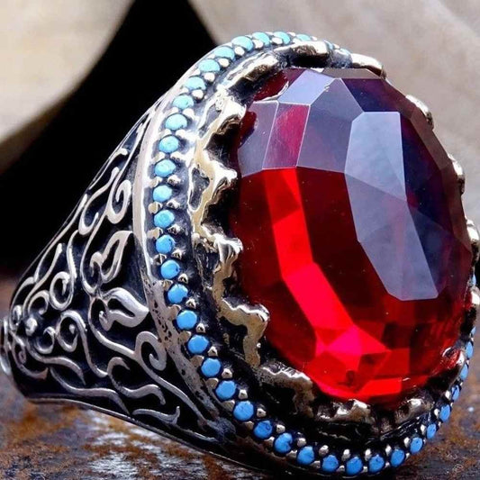 Facet Luxury Cut Silver Ruby Stone Excellent Mens Ring