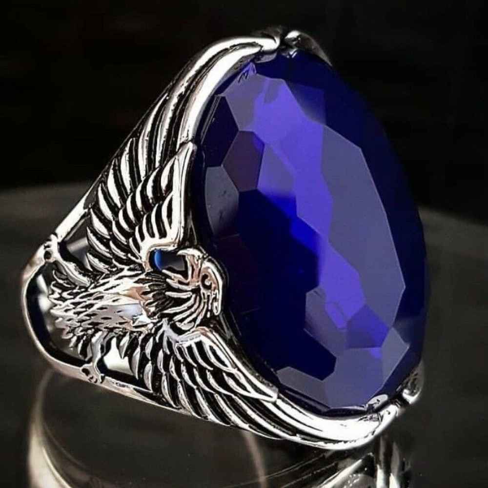 Faceted Sapphire Luxury Cut Eagle Design Silver Mens Ring