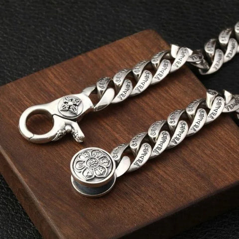 Sterling Silver Buddhist Mantra Vajra Pestle Curb Chain Bracelet