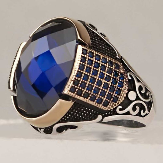Gorgeous Blue Facet Sapphire Stone Silver Mens Ring