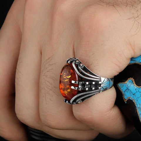 Great 925 Sterling Silver Amber Stone Turkish Mens Ring